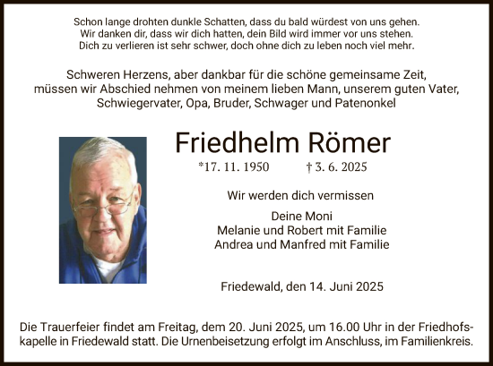Traueranzeige von Friedhelm Römer von HZ