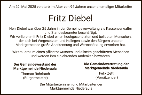 Traueranzeige von Fritz Diebel von HZ