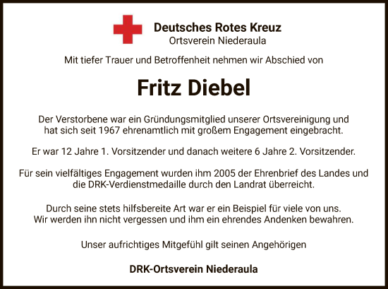 Traueranzeige von Fritz Diebel von HZ