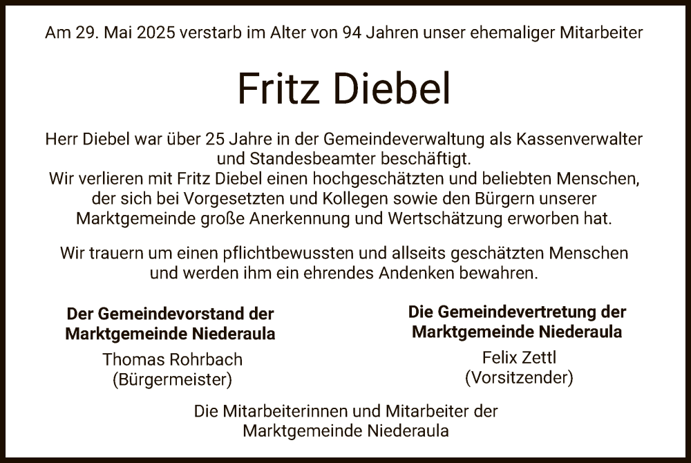  Traueranzeige für Fritz Diebel vom 03.06.2025 aus HZ