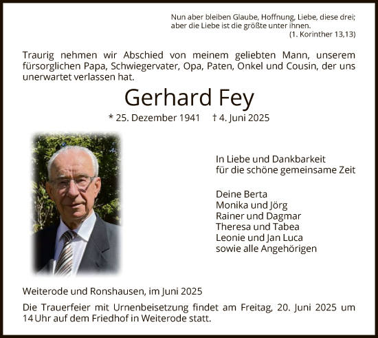 Traueranzeige von Gerhard Fey von HNAHZ