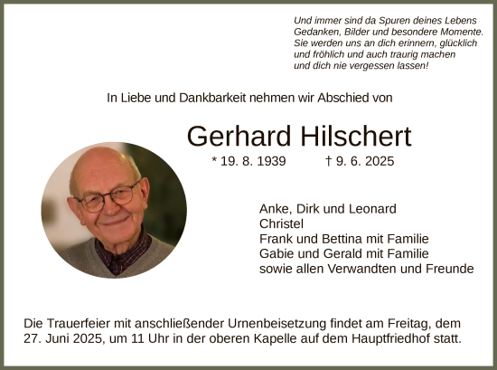 Traueranzeige von Gerhard Hilschert von HZHNA