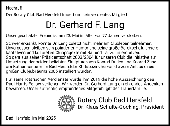 Traueranzeige von Gerhard Lang von HZ