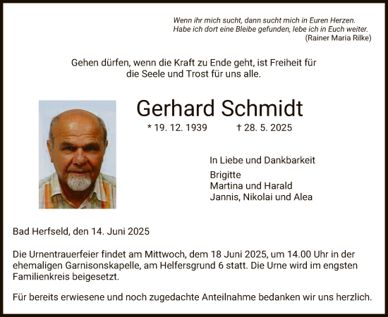 Traueranzeige von Gerhard Schmidt von HZ