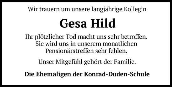 Traueranzeige von Gesa Hild von HZ