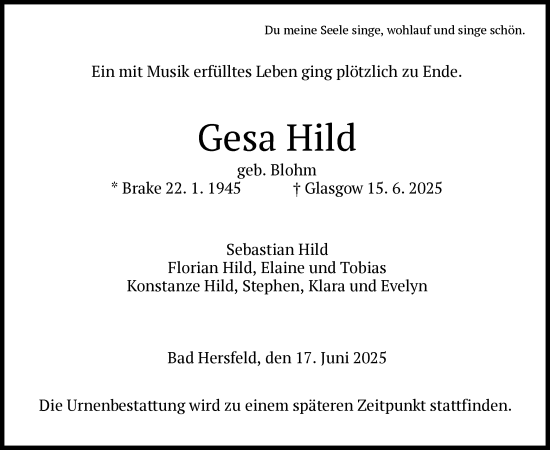 Traueranzeige von Gesa Hild von HZ