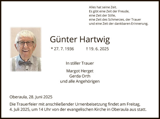 Traueranzeige von Günter Hartwig von HNAHZ