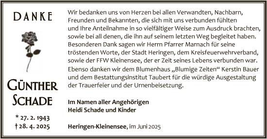 Traueranzeige von Günther Schade von HZHN