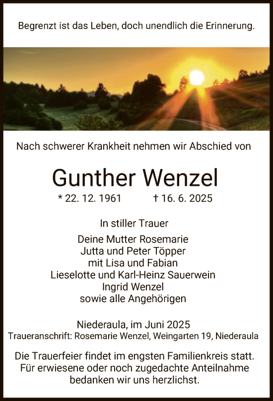 Traueranzeige von Gunther Wenzel von HZ