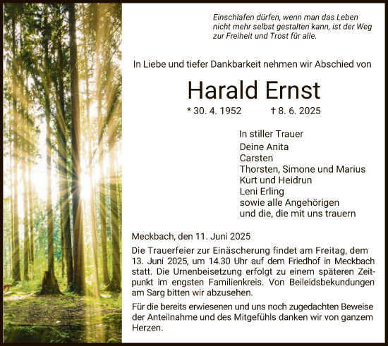 Traueranzeige von Harald Ernst von HZHNA