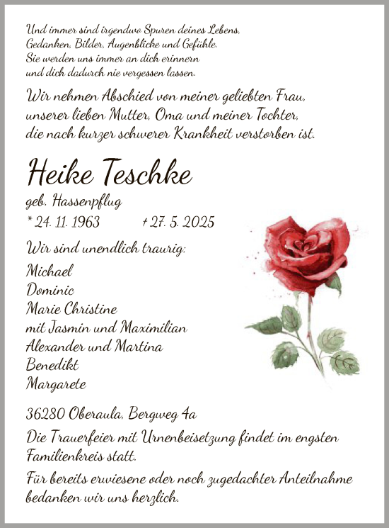 Traueranzeige von Heike Teschke von HZHN