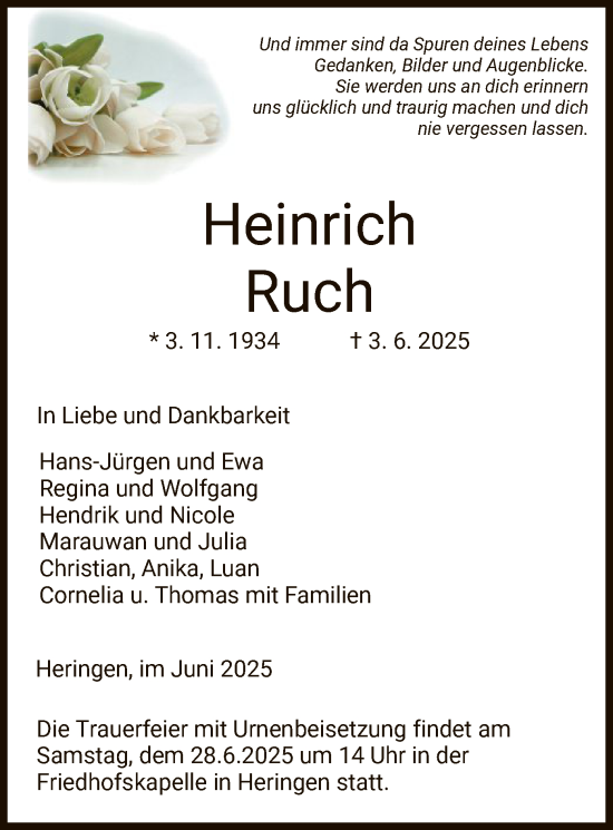Traueranzeige von Heinrich Ruch von HZ