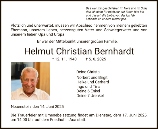 Traueranzeige von Helmut Christian Bernhardt von HZ