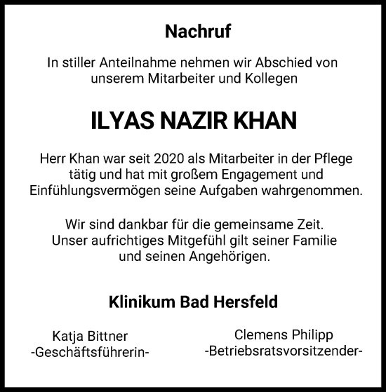 Traueranzeige von Ilyas Nazir Khan von HZ