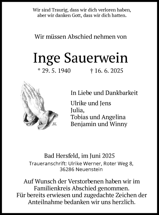 Traueranzeige von Inge Sauerwein von HZ