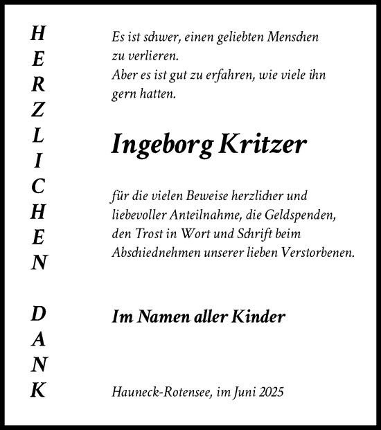 Traueranzeige von Ingeborg Kritzer von HZ