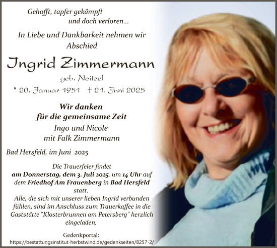 Traueranzeige von Ingrid Zimmermann von HZHN