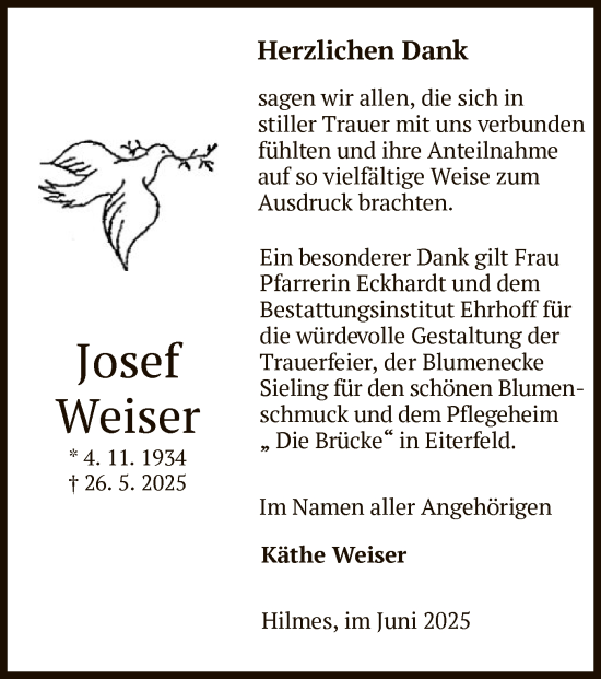 Traueranzeige von Josef Weiser von HZ