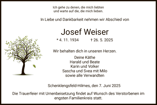 Traueranzeige von Josef Weiser von HZ
