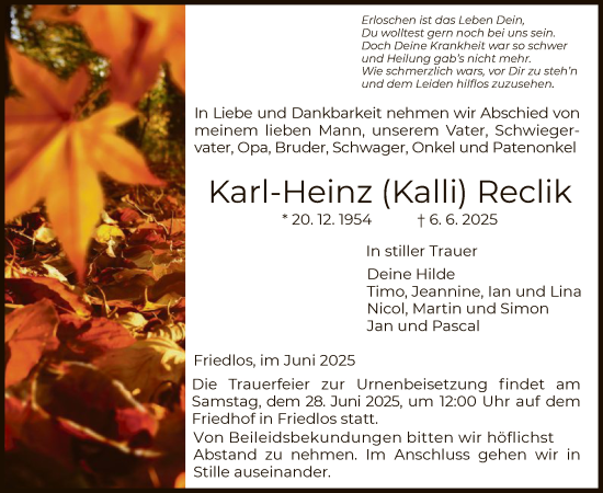 Traueranzeige von Karl-Heinz Reclik von HZHN