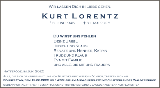 Traueranzeige von Kurt Lorentz von HZ