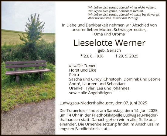 Traueranzeige von Lieselotte Werner von HZ