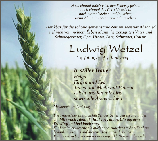 Traueranzeige von Ludwig Wetzel von HZHN