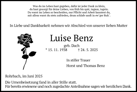 Traueranzeige von Luise Benz von HZ