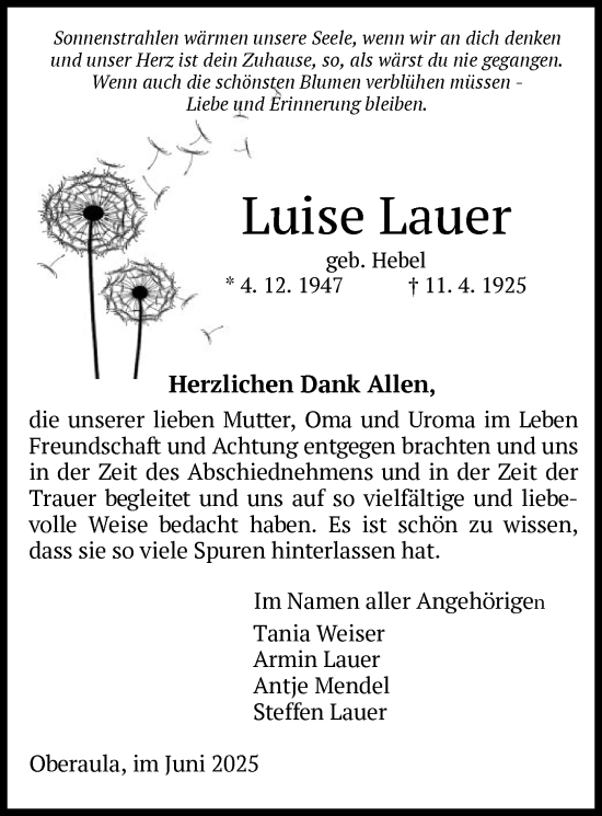 Traueranzeige von Luise Lauer von HZ