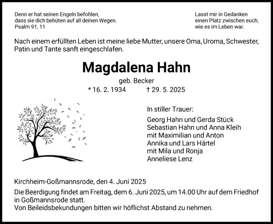 Traueranzeige von Magdalena Hahn von HZ