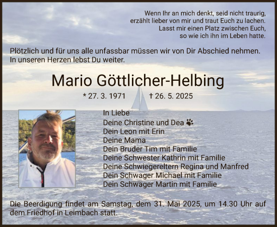 Traueranzeige von Mario Göttlicher-Helbing von HZ