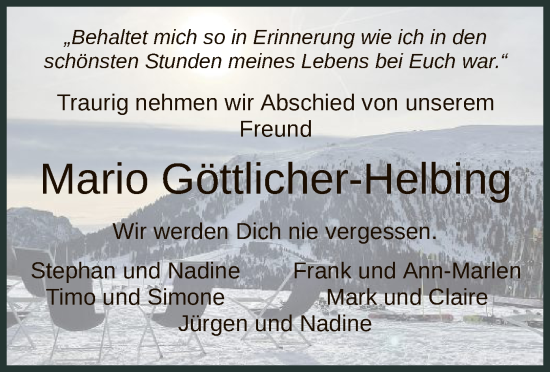 Traueranzeige von Mario Göttlicher-Helbing von HZ