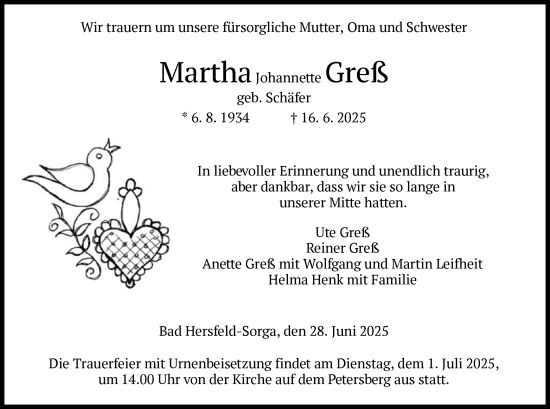 Traueranzeige von Martha Johannette Greß von HZ
