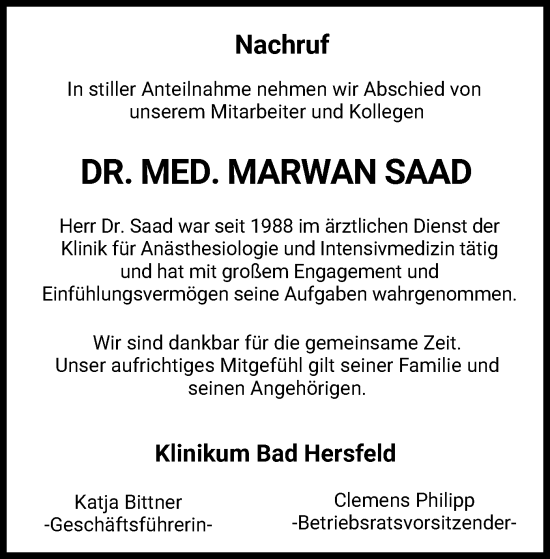 Traueranzeige von Marwan Saad von HZ