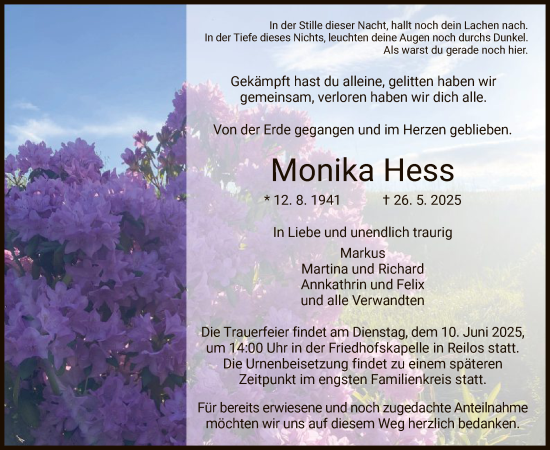 Traueranzeige von Monika Hess von HZ