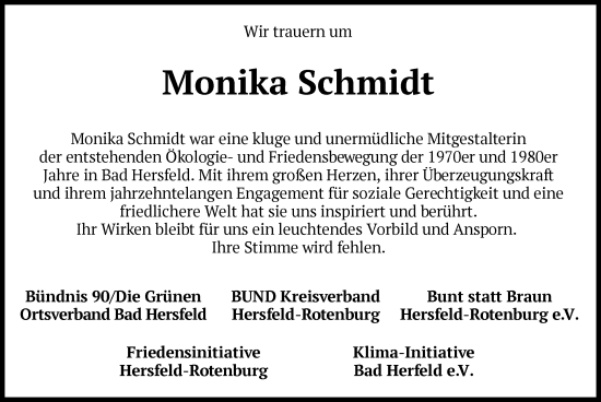 Traueranzeige von Monika Schmidt von HZ