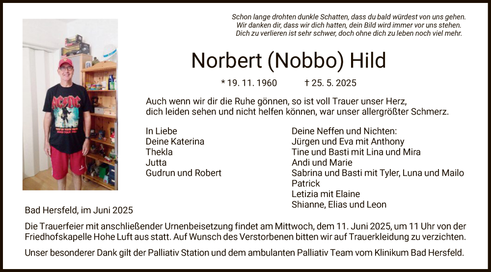  Traueranzeige für Norbert Hild vom 07.06.2025 aus HZHN