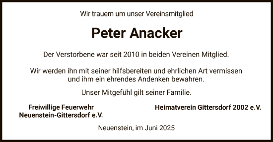 Traueranzeige von Peter Anacker von HZ