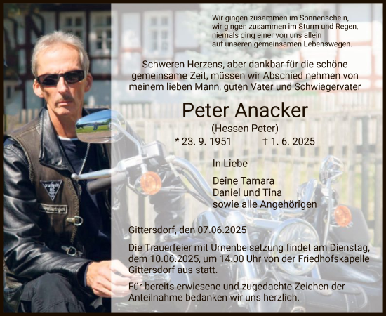 Traueranzeige von Peter Anacker von HZ