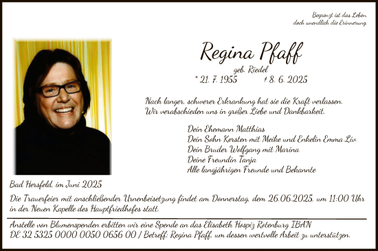 Traueranzeige von Regina Pfaff von HZ