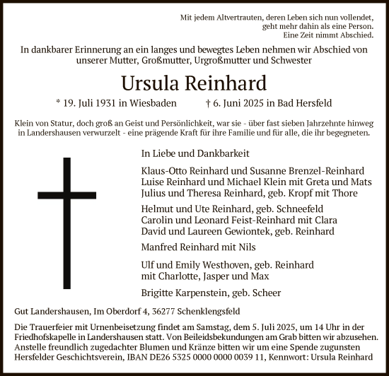 Traueranzeige von Ursula Reinhard von HZ