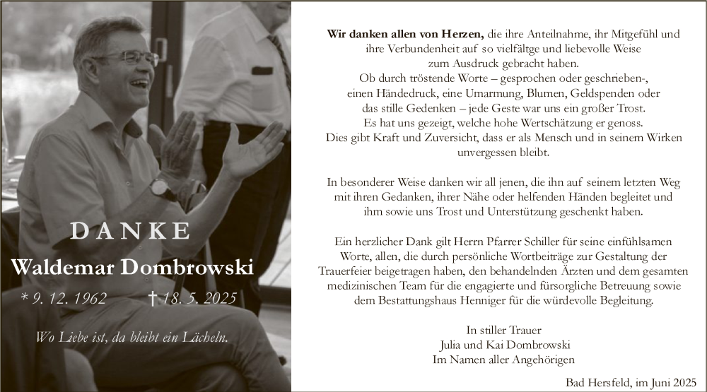  Traueranzeige für Waldemar Dombrowski vom 28.06.2025 aus HZHN