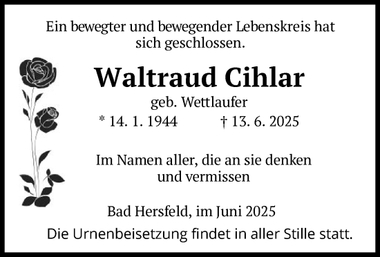 Traueranzeige von Waltraud Cihlar von HZ