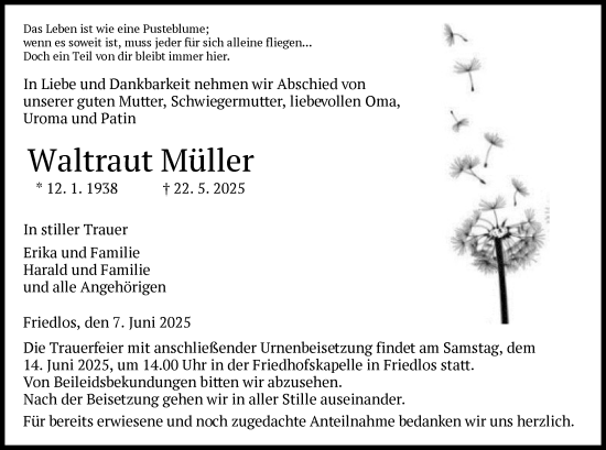 Traueranzeige von Waltraut Müller von HZ