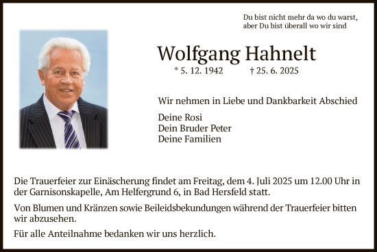 Traueranzeige von Wolfgang Hahnelt von HZ