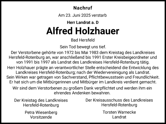 Traueranzeige von Alfred Holzhauer von HZHNA