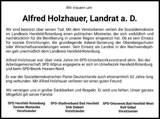Traueranzeige von Alfred Holzhauer von HZ
