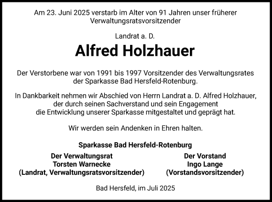 Traueranzeige von Alfred Holzhauer von HZHNA