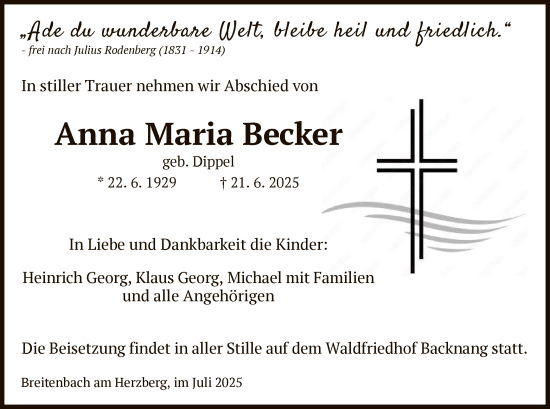Traueranzeige von Anna Maria Becker von HZ