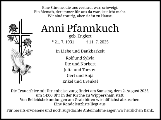Traueranzeige von Anni Pfannkuch von HZHN